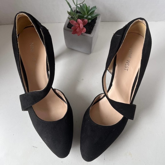 NINE WEST Saskia Strappy Platform Heels Stiletto Pumps Shoes Black Suede Leather - Picture 4 of 12
